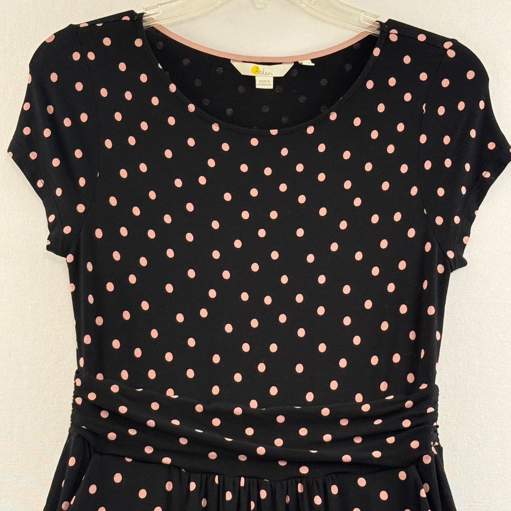 Boden Polka Dot Dress Women Size 6R Black Pink Short Sleeve Midi Pockets J0326
